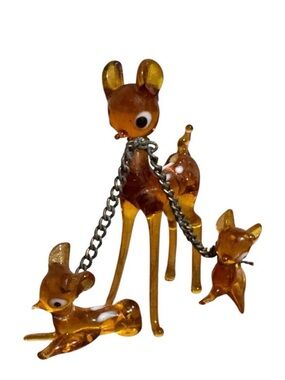 VTG Miniature Glass Bambi Deer Family Ornaments Amber Glass Mama Fawns 1970's